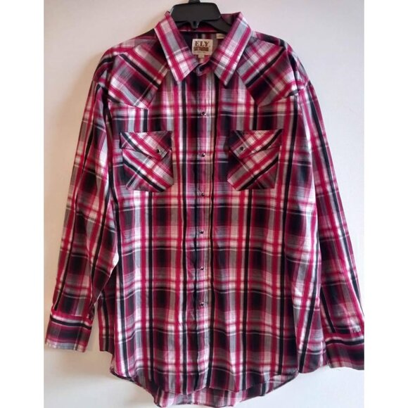 Ely Cattleman Mens XXL Western Snap Shirt Plaid Red Black Grey Long Sleeve - Picture 1 of 6